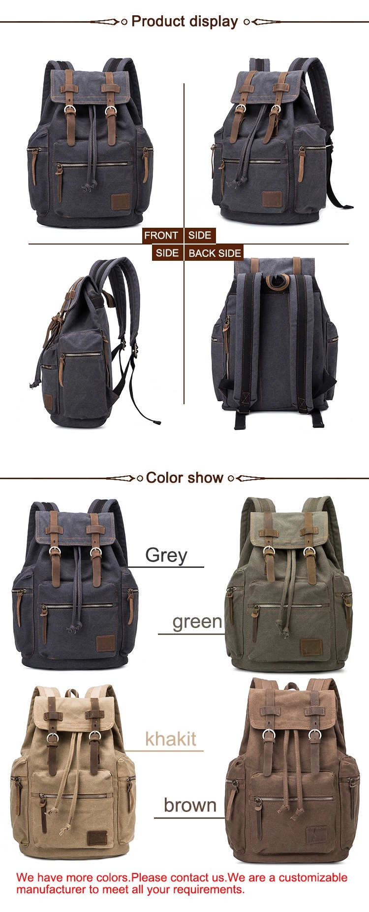 Durable old fashion neutral retro washed canvas custom backpack school leather backpack